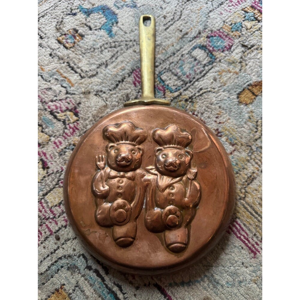 Vintage Chef Bears Copper Skillet Brass Handle 7 inch Mini Pan Wall Decor
